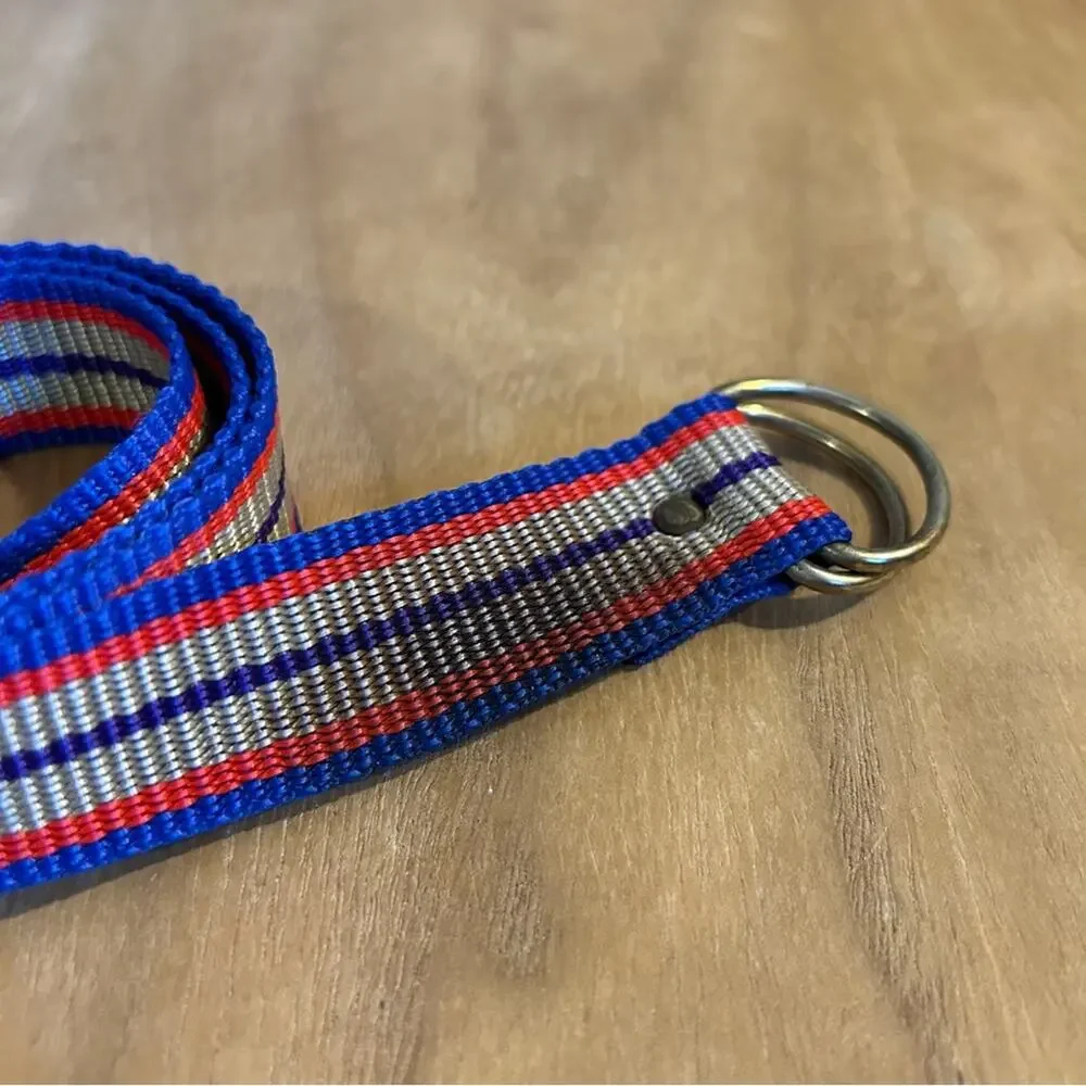 Vintage Kids Striped Blue/Red/Tan/Purple Woven Canvas D-Ring Buckle Belt 33x1